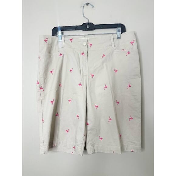 Talbots Chino Shorts 14 Tan Pink Flamingo Print Bermuda 10" Inseam Beach Preppy - Picture 1 of 6